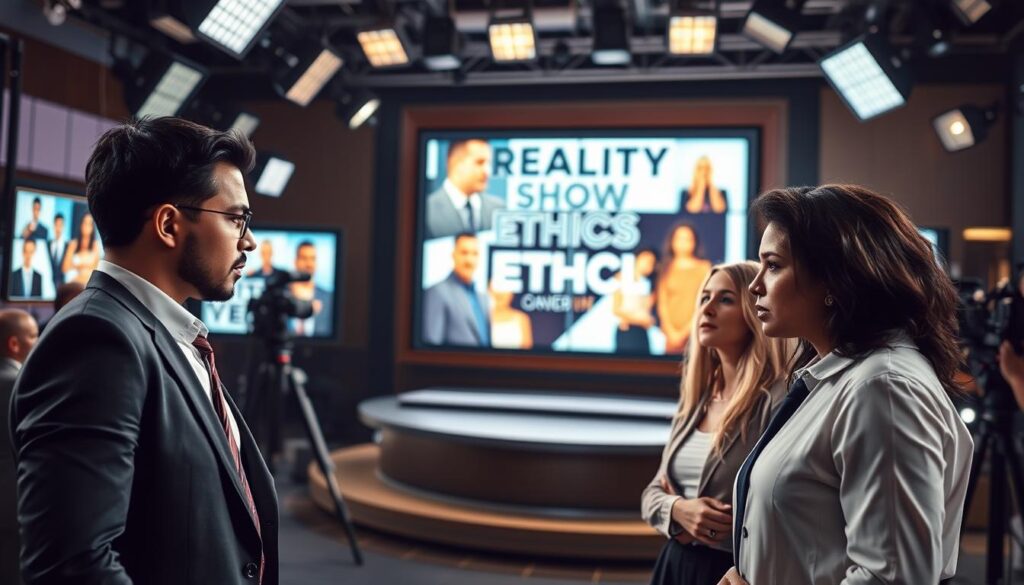 A dynamic scene illustrating "Reality Show Ethics" in a bustling television studio environment. In the foreground, a group of three diverse individuals, dressed in professional business attire, are engaged in a serious discussion, their expressions reflecting concern over ethical dilemmas. The middle ground features a large television monitor displaying blurred images of reality show contestants, with ethical keywords like "integrity" and "transparency" subtly visualized. The background reveals a crew setting up for a live broadcast, with lighting equipment casting dramatic shadows, enhancing the tension. The atmosphere is charged with a sense of urgency and deliberation, emphasizing the complex moral landscape that reality shows navigate, under ambient studio lights that create a stark contrast between brightness and shadows. A dynamic scene illustrating "Reality Show Ethics" in a bustling television studio environment. In the foreground, a group of three diverse individuals, dressed in professional business attire, are engaged in a serious discussion, their expressions reflecting concern over ethical dilemmas. The middle ground features a large television monitor displaying blurred images of reality show contestants, with ethical keywords like "integrity" and "transparency" subtly visualized. The background reveals a crew setting up for a live broadcast, with lighting equipment casting dramatic shadows, enhancing the tension. The atmosphere is charged with a sense of urgency and deliberation, emphasizing the complex moral landscape that reality shows navigate, under ambient studio lights that create a stark contrast between brightness and shadows.