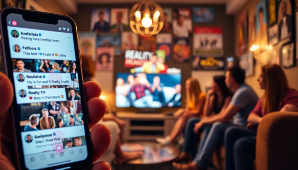 A dynamic scene illustrating the "reality TV social media feedback loop." In the foreground, a vibrant smartphone screen displaying popular social media platforms filled with lively comments and reactions to a reality show episode. Overlapping this is a diverse group of individuals, dressed in modern casual clothing, engaged in animated discussions while watching the show together in a cozy living room setting. In the middle ground, blurred visuals of a reality TV show playing on a large TV screen, with bright lights capturing the excitement of the moment. The background features posters and memorabilia from various reality shows, creating an immersive pop culture atmosphere. Use warm, inviting lighting to evoke a sense of community and engagement, with a slightly tilted angle to convey energy and movement in this social interaction.