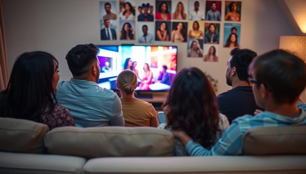 A dynamic scene portraying the psychological effects of reality TV on viewers. In the foreground, a diverse group of individuals sitting together on a cozy couch, engrossed in watching a reality TV show. Their expressions reflect a mix of excitement and contemplation, with one viewer holding a phone, illustrating social connectivity. The mid-ground features a television screen glowing with vibrant colors from a reality show, subtly displaying a glamorous lifestyle. In the background, a wall decorated with posters of various reality TV stars adds context to the setting. Soft, warm lighting creates an inviting atmosphere, emphasizing the emotional connection these viewers feel. The camera angle is slightly elevated, capturing the group's engagement and interaction. The overall mood is a blend of fascination and introspection, highlighting the influence of media on behavior and perceptions of body image. A dynamic scene portraying the psychological effects of reality TV on viewers. In the foreground, a diverse group of individuals sitting together on a cozy couch, engrossed in watching a reality TV show. Their expressions reflect a mix of excitement and contemplation, with one viewer holding a phone, illustrating social connectivity. The mid-ground features a television screen glowing with vibrant colors from a reality show, subtly displaying a glamorous lifestyle. In the background, a wall decorated with posters of various reality TV stars adds context to the setting. Soft, warm lighting creates an inviting atmosphere, emphasizing the emotional connection these viewers feel. The camera angle is slightly elevated, capturing the group's engagement and interaction. The overall mood is a blend of fascination and introspection, highlighting the influence of media on behavior and perceptions of body image.