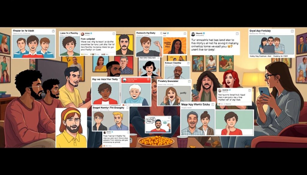 A lively digital collage depicting the essence of reality TV fandom memes. In the foreground, various meme templates showcasing classic expressions of excitement, shock, and humor from famous reality TV shows, illustrated in a colorful, playful style. In the middle ground, a group of diverse fans—men and women of different ethnicities—gather around a coffee table filled with snacks, dressed in casual, modest clothing, enthusiastically sharing their favorite memes on laptops and smartphones. The background features a cozy living room environment adorned with posters of popular reality shows, capturing the vibrant atmosphere of a watch party. Soft, warm lighting enhances the inviting mood, while a wide-angle view gives depth to the scene, emphasizing the communal joy of meme creation and sharing. A lively digital collage depicting the essence of reality TV fandom memes. In the foreground, various meme templates showcasing classic expressions of excitement, shock, and humor from famous reality TV shows, illustrated in a colorful, playful style. In the middle ground, a group of diverse fans—men and women of different ethnicities—gather around a coffee table filled with snacks, dressed in casual, modest clothing, enthusiastically sharing their favorite memes on laptops and smartphones. The background features a cozy living room environment adorned with posters of popular reality shows, capturing the vibrant atmosphere of a watch party. Soft, warm lighting enhances the inviting mood, while a wide-angle view gives depth to the scene, emphasizing the communal joy of meme creation and sharing.