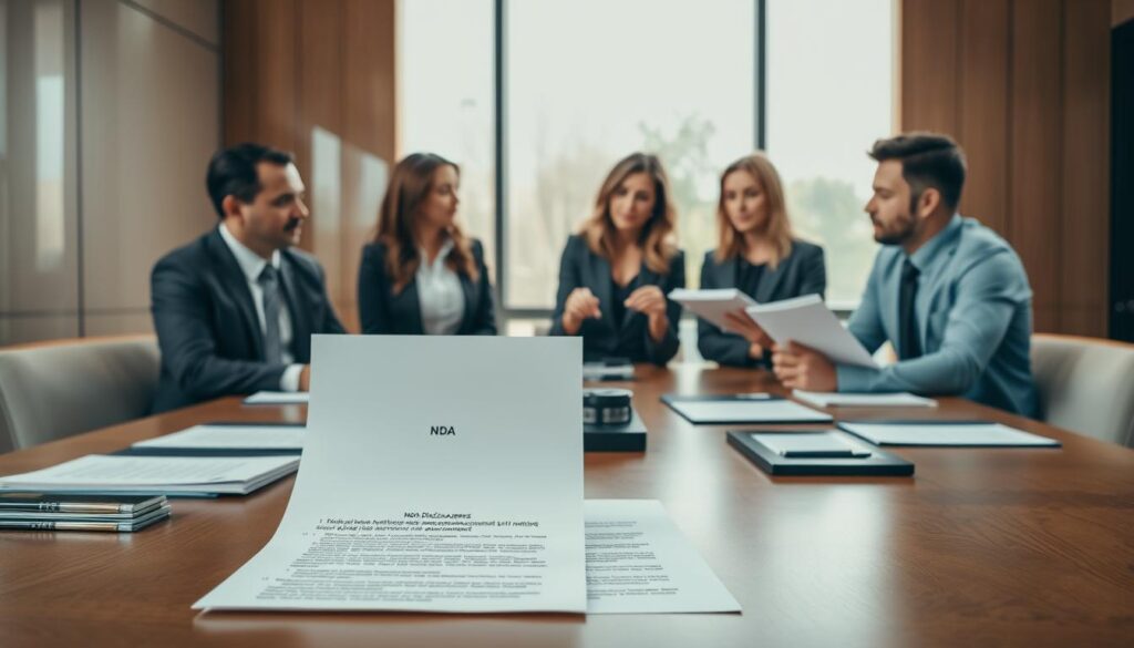 A professional meeting room setting with a large wooden conference table filled with legal documents and a non-disclosure agreement prominently displayed in the foreground. In the middle ground, a diverse group of four individuals in business attire—two men and two women—are engaged in a serious discussion, emphasizing the importance of legal agreements in reality TV. One woman is pointing at the NDA while another is taking notes. The background features a large window with natural light pouring in, casting a warm glow over the scene. The mood is focused and serious, reflecting the legal implications of reality television. The image is taken from a slightly elevated angle to capture both the table and the participants effectively. A professional meeting room setting with a large wooden conference table filled with legal documents and a non-disclosure agreement prominently displayed in the foreground. In the middle ground, a diverse group of four individuals in business attire—two men and two women—are engaged in a serious discussion, emphasizing the importance of legal agreements in reality TV. One woman is pointing at the NDA while another is taking notes. The background features a large window with natural light pouring in, casting a warm glow over the scene. The mood is focused and serious, reflecting the legal implications of reality television. The image is taken from a slightly elevated angle to capture both the table and the participants effectively.