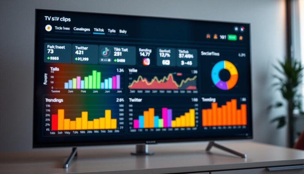 A sleek and modern TV clips analytics dashboard displayed on a high-resolution screen. In the foreground, colorful graphs and pie charts depict social media metrics, such as engagement rates and trending topics from Twitter, TikTok, and Instagram. The middle ground features data visualizations with vivid colors representing high and low viewer interactions, accompanied by icons of popular reality TV shows. The background shows a subtle office environment with soft ambient lighting to create a professional atmosphere. A crisp focus captures the details of the dashboard, while a blurred effect on the surroundings adds depth. The mood is analytical and dynamic, conveying the excitement of data-driven insights in the reality TV social media landscape.