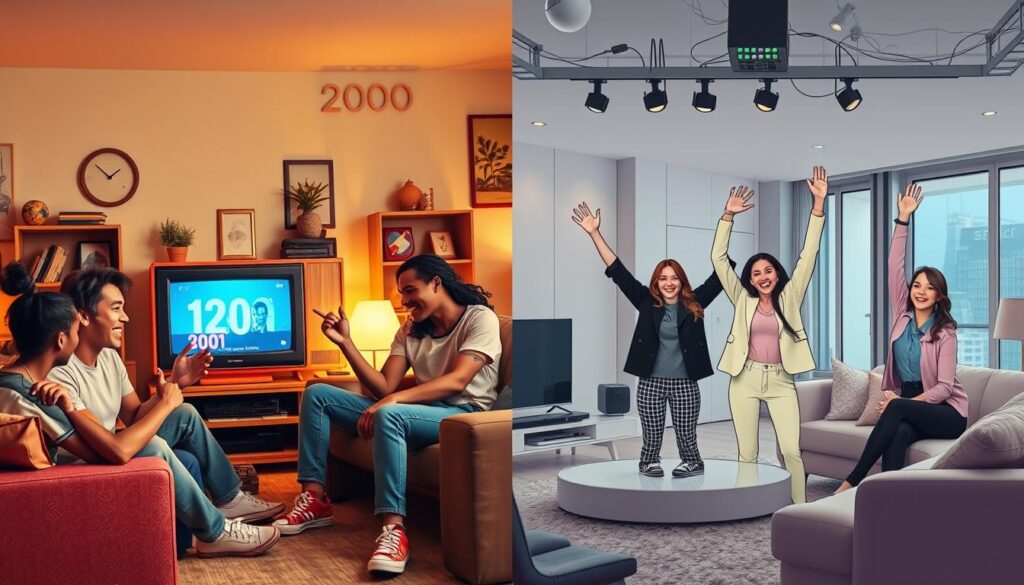 A split-image composition showcasing the evolution of reality TV fame across two eras. On the left side, depict a vintage 2000s living room scene, capturing the early days of reality television. Showcase a casual gathering of four diverse individuals, all in modest casual clothing, cheering around a retro television displaying a reality show. Use warm, nostalgic lighting to evoke a sense of the past. On the right side, illustrate a modern-day living room with sleek, contemporary décor and high-tech gadgets. Show four trendily dressed individuals, celebrating their success, surrounded by accolades and social media notifications. Bright, energetic lighting highlights their joy and ambition. The overall mood should contrast the humble beginnings with the glitzy present, emphasizing the transformative journey to celebrity status. A split-image composition showcasing the evolution of reality TV fame across two eras. On the left side, depict a vintage 2000s living room scene, capturing the early days of reality television. Showcase a casual gathering of four diverse individuals, all in modest casual clothing, cheering around a retro television displaying a reality show. Use warm, nostalgic lighting to evoke a sense of the past. On the right side, illustrate a modern-day living room with sleek, contemporary décor and high-tech gadgets. Show four trendily dressed individuals, celebrating their success, surrounded by accolades and social media notifications. Bright, energetic lighting highlights their joy and ambition. The overall mood should contrast the humble beginnings with the glitzy present, emphasizing the transformative journey to celebrity status.