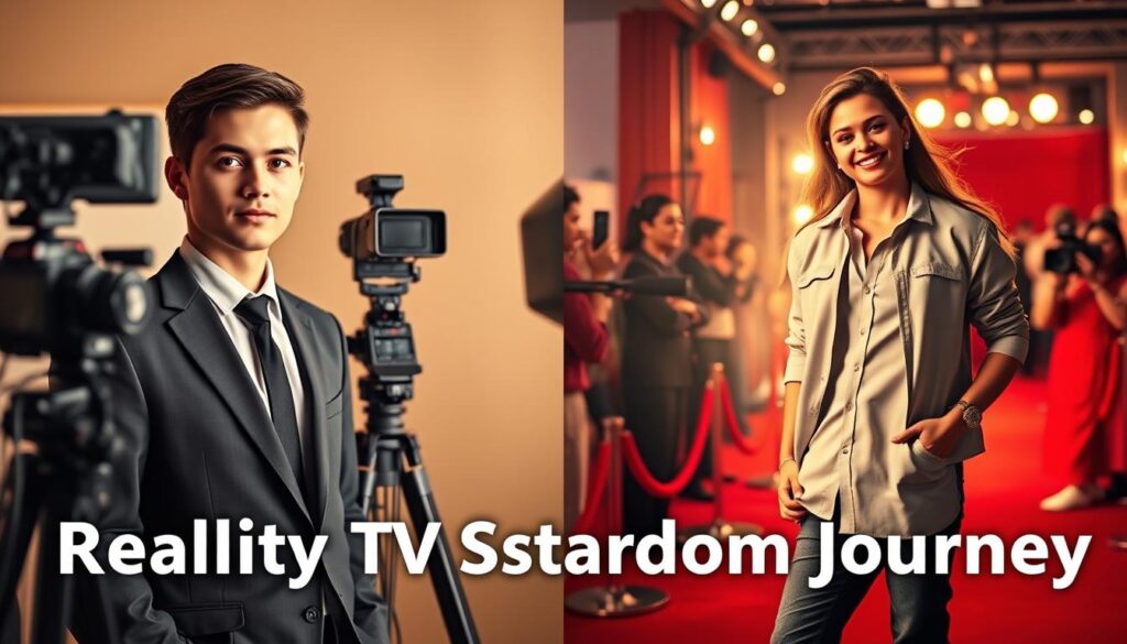 A split-image depiction illustrating "reality TV stardom journeys." In the foreground, on the left side, a determined young individual dressed in professional business attire, standing in front of a modest camera setup, representing their pre-reality TV life. Their expression shows ambition and hope. On the right, a vibrant scene of the same individual now in stylish casual wear, radiating confidence as they pose on a glamorous red carpet, surrounded by flashing cameras and adoring fans. In the middle ground, subtle transitions between the two eras, showcasing glimpses of a production studio and a luxurious event. The background features a soft-focus city skyline, suggesting fame and success. Warm, inviting lighting highlights the transformation, evoking an atmosphere of aspiration and achievement. The image captures the essence of growth, showcasing both beginnings and the glorious aftermath of reality TV fame. A split-image depiction illustrating "reality TV stardom journeys." In the foreground, on the left side, a determined young individual dressed in professional business attire, standing in front of a modest camera setup, representing their pre-reality TV life. Their expression shows ambition and hope. On the right, a vibrant scene of the same individual now in stylish casual wear, radiating confidence as they pose on a glamorous red carpet, surrounded by flashing cameras and adoring fans. In the middle ground, subtle transitions between the two eras, showcasing glimpses of a production studio and a luxurious event. The background features a soft-focus city skyline, suggesting fame and success. Warm, inviting lighting highlights the transformation, evoking an atmosphere of aspiration and achievement. The image captures the essence of growth, showcasing both beginnings and the glorious aftermath of reality TV fame.