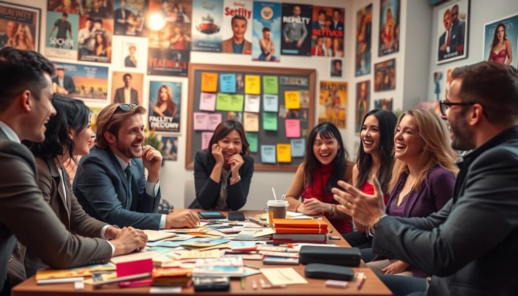 A vibrant and engaging scene depicting a dynamic debate among enthusiastic fans surrounding reality TV topics. In the foreground, a diverse group of five individuals, dressed in professional attire, are animatedly discussing themes like showmances, deserving winners, and reality versus editing drama. They are positioned around a table cluttered with debate notes and colorful memorabilia from popular reality shows. In the middle ground, a well-organized bulletin board displays trending topics and fan favorites on colorful cards. The background features a subtle, blurred view of a cozy, warmly lit studio setting, adorned with posters of famous reality shows, creating an inviting atmosphere. The lighting is bright and soft, highlighting the excitement and passion in their expressions, capturing the essence of lively discussions. A vibrant and engaging scene depicting a dynamic debate among enthusiastic fans surrounding reality TV topics. In the foreground, a diverse group of five individuals, dressed in professional attire, are animatedly discussing themes like showmances, deserving winners, and reality versus editing drama. They are positioned around a table cluttered with debate notes and colorful memorabilia from popular reality shows. In the middle ground, a well-organized bulletin board displays trending topics and fan favorites on colorful cards. The background features a subtle, blurred view of a cozy, warmly lit studio setting, adorned with posters of famous reality shows, creating an inviting atmosphere. The lighting is bright and soft, highlighting the excitement and passion in their expressions, capturing the essence of lively discussions.