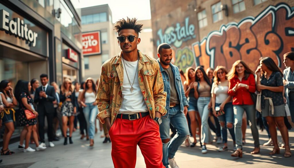 A vibrant fashion showcase featuring a diverse group of stylish individuals in a modern urban setting, reflecting the evolution of reality TV fashion trends and social influence. The foreground displays a well-dressed woman in a chic, colorful outfit inspired by popular reality shows, confidently strutting her style alongside a man in trendy casual attire, highlighting fashion-forward looks. In the middle ground, a lively crowd of onlookers engages with the scene, showcasing varying styles from diverse backgrounds, illustrating the impact of social media trends. The background consists of trendy storefronts and graffiti murals that mirror the energy of urban life. Soft, natural lighting from a late afternoon sun casts warm tones over the scene, creating a lively and uplifting atmosphere, reminiscent of culturally rich street style. The angle captures this dynamic environment in a slightly tilted perspective, adding a sense of movement and excitement. A vibrant fashion showcase featuring a diverse group of stylish individuals in a modern urban setting, reflecting the evolution of reality TV fashion trends and social influence. The foreground displays a well-dressed woman in a chic, colorful outfit inspired by popular reality shows, confidently strutting her style alongside a man in trendy casual attire, highlighting fashion-forward looks. In the middle ground, a lively crowd of onlookers engages with the scene, showcasing varying styles from diverse backgrounds, illustrating the impact of social media trends. The background consists of trendy storefronts and graffiti murals that mirror the energy of urban life. Soft, natural lighting from a late afternoon sun casts warm tones over the scene, creating a lively and uplifting atmosphere, reminiscent of culturally rich street style. The angle captures this dynamic environment in a slightly tilted perspective, adding a sense of movement and excitement.