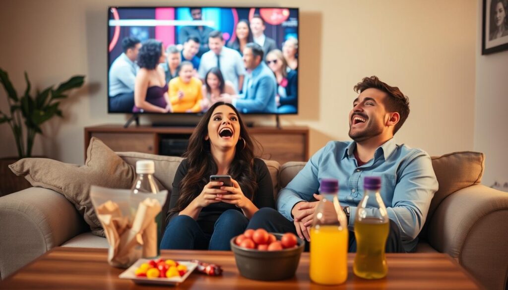 A vibrant scene capturing the essence of viral reality TV reaction videos, set in a cozy living room. In the foreground, two friends, a man and a woman, both in casual yet presentable attire, sit on a sofa, eyes wide with excitement and laughter as they watch a TV screen glowing with colorful highlights of a reality show. The middle ground features snacks and drinks on a coffee table, with a pop of bright colors from the candies and drink bottles. In the background, a TV stand holds a large flat-screen TV showing a dramatic moment from the reality show. Soft, warm lighting creates an inviting atmosphere, emphasizing the friends' animated expressions. Shot from a slightly elevated angle to capture the scene’s dynamics, evoking a feeling of camaraderie and lively engagement. A vibrant scene capturing the essence of viral reality TV reaction videos, set in a cozy living room. In the foreground, two friends, a man and a woman, both in casual yet presentable attire, sit on a sofa, eyes wide with excitement and laughter as they watch a TV screen glowing with colorful highlights of a reality show. The middle ground features snacks and drinks on a coffee table, with a pop of bright colors from the candies and drink bottles. In the background, a TV stand holds a large flat-screen TV showing a dramatic moment from the reality show. Soft, warm lighting creates an inviting atmosphere, emphasizing the friends' animated expressions. Shot from a slightly elevated angle to capture the scene’s dynamics, evoking a feeling of camaraderie and lively engagement.