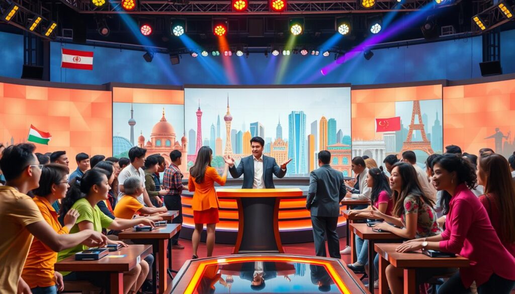 A vibrant scene depicting a collage of reality TV adaptations from around the world, set in a lively studio environment. In the foreground, diverse contestants from different cultures engage in competitive games, wearing colorful clothing that represents their respective backgrounds. In the middle ground, a dynamic host of a reality show stands on stage, animatedly interacting with the contestants, showcasing the excitement of the competition. The background features iconic landmarks from various countries hinted at through stylized digital elements, blending them seamlessly into the setting. Bright, colorful lighting casts a joyful atmosphere, creating a sense of energy and anticipation. The composition is shot from a slightly elevated angle to capture the entire scene, emphasizing the global nature of reality TV adaptability, with a focus on inclusivity and cultural exchange. A vibrant scene depicting a collage of reality TV adaptations from around the world, set in a lively studio environment. In the foreground, diverse contestants from different cultures engage in competitive games, wearing colorful clothing that represents their respective backgrounds. In the middle ground, a dynamic host of a reality show stands on stage, animatedly interacting with the contestants, showcasing the excitement of the competition. The background features iconic landmarks from various countries hinted at through stylized digital elements, blending them seamlessly into the setting. Bright, colorful lighting casts a joyful atmosphere, creating a sense of energy and anticipation. The composition is shot from a slightly elevated angle to capture the entire scene, emphasizing the global nature of reality TV adaptability, with a focus on inclusivity and cultural exchange.