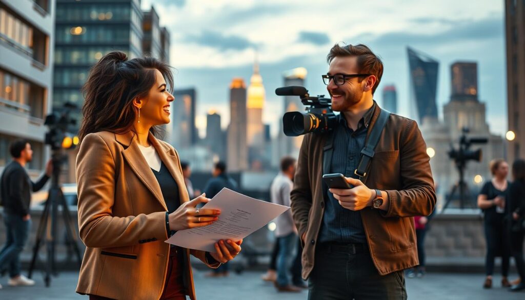 A vibrant scene depicting a diverse group of YouTube creators transitioning into traditional media, set against a dynamic urban backdrop. In the foreground, two creators, one a stylish woman in a chic blazer and the other a man in smart casual attire, are engaged in a lively discussion while holding a film script and a camera. The middle ground features a bustling film set with crew members adjusting lights and props, highlighting the blend of digital and traditional media. In the background, a city skyline at dusk, illuminated by warm lights, enhances the atmosphere of opportunity and excitement. Natural lighting casts soft shadows, while a slight bokeh effect blurs the background, focusing attention on the creators. The overall mood is hopeful and energetic, capturing the essence of innovation in entertainment.