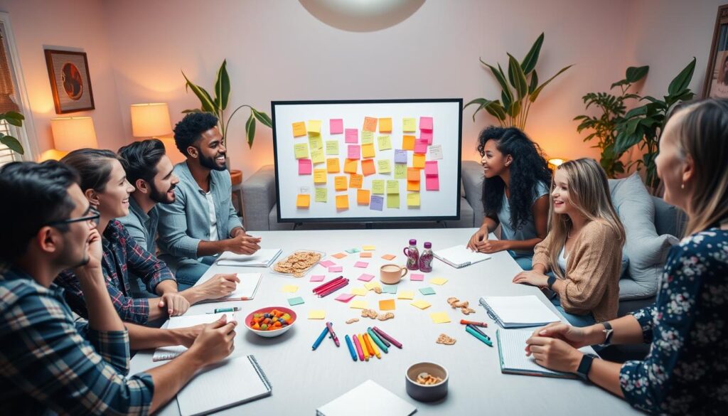 A vibrant scene depicting a lively reality TV fan theories community discussion. In the foreground, a group of diverse individuals, including men and women of varying ethnicities, are engaged in animated conversation, seated around a large table filled with snacks and notebooks, showcasing their enthusiasm for theories. The middle of the image features a large whiteboard or screen displaying colorful post-it notes with theories and predictions, surrounded by markers. In the background, a cozy living room setting with soft lighting, comfortable couches, and plants creates an inviting atmosphere. The lighting is warm and playful, capturing a sense of excitement and camaraderie. The angle is slightly elevated, providing a bird's-eye view to emphasize the collaboration and energy of the discussion. A vibrant scene depicting a lively reality TV fan theories community discussion. In the foreground, a group of diverse individuals, including men and women of varying ethnicities, are engaged in animated conversation, seated around a large table filled with snacks and notebooks, showcasing their enthusiasm for theories. The middle of the image features a large whiteboard or screen displaying colorful post-it notes with theories and predictions, surrounded by markers. In the background, a cozy living room setting with soft lighting, comfortable couches, and plants creates an inviting atmosphere. The lighting is warm and playful, capturing a sense of excitement and camaraderie. The angle is slightly elevated, providing a bird's-eye view to emphasize the collaboration and energy of the discussion.