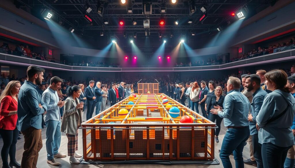 A vibrant scene depicting a reality competition docu-series set in a large, brightly lit studio. In the foreground, a diverse group of contestants in professional and modest casual attire engage in various challenges, showcasing their unique skills and collaboration. The middle ground features intricate game elements, such as a large obstacle course and colorful props, under dramatic, focused lighting illuminating each task. In the background, a captivated audience watches eagerly, their expressions reflecting excitement and tension. The atmosphere is electric, filled with energy and anticipation, capturing the essence of competition. The image should be shot from a low angle to emphasize the action and intensity of the moment, with a wide lens to encompass the dynamic environment. A vibrant scene depicting a reality competition docu-series set in a large, brightly lit studio. In the foreground, a diverse group of contestants in professional and modest casual attire engage in various challenges, showcasing their unique skills and collaboration. The middle ground features intricate game elements, such as a large obstacle course and colorful props, under dramatic, focused lighting illuminating each task. In the background, a captivated audience watches eagerly, their expressions reflecting excitement and tension. The atmosphere is electric, filled with energy and anticipation, capturing the essence of competition. The image should be shot from a low angle to emphasize the action and intensity of the moment, with a wide lens to encompass the dynamic environment.