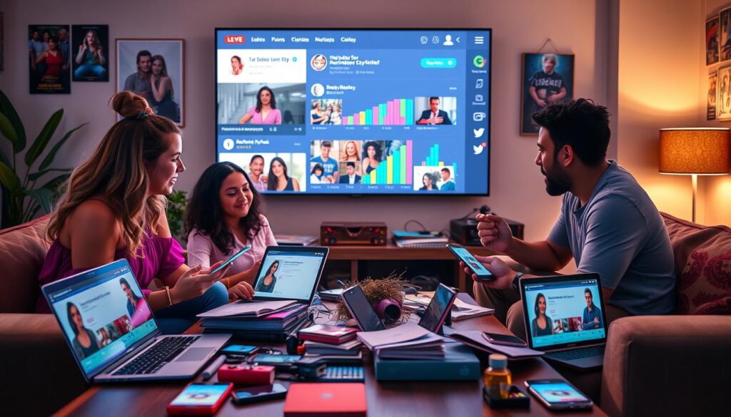 A vibrant scene depicting an active Reddit and social media discussion about reality TV spoilers. In the foreground, a diverse group of three people—two women and one man—are engaged in animated conversation while seated around a coffee table cluttered with laptops and phones displaying social media feeds. The middle ground features a large digital screen showcasing popular reality TV show clips, with colorful graphs representing viewer ratings and theories. The background shows a cozy, modern living room decorated with posters of various reality shows. The lighting is warm and inviting, with a soft focus on the foreground subjects. The mood is enthusiastic and lively, capturing the excitement of fans as they speculate about future episodes. A vibrant scene depicting an active Reddit and social media discussion about reality TV spoilers. In the foreground, a diverse group of three people—two women and one man—are engaged in animated conversation while seated around a coffee table cluttered with laptops and phones displaying social media feeds. The middle ground features a large digital screen showcasing popular reality TV show clips, with colorful graphs representing viewer ratings and theories. The background shows a cozy, modern living room decorated with posters of various reality shows. The lighting is warm and inviting, with a soft focus on the foreground subjects. The mood is enthusiastic and lively, capturing the excitement of fans as they speculate about future episodes.