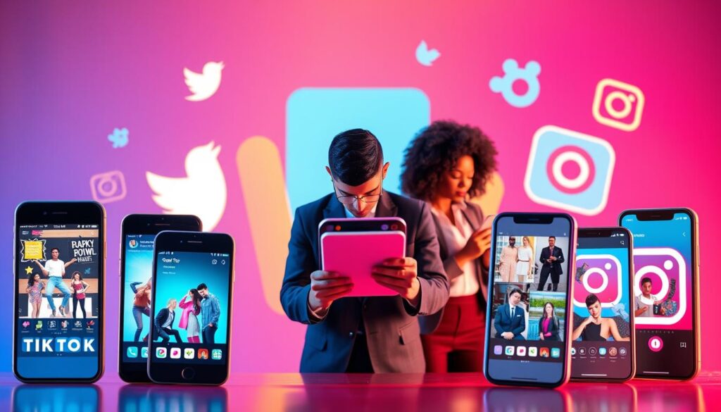A vibrant, visually engaging scene capturing the social media buzz surrounding reality TV, illustrating the differences between TikTok, Twitter, and Instagram. In the foreground, an assortment of colorful smartphones displays popular reality show content, each screen depicting the unique vibe of its platform: TikTok's trendy dances and quick edits, Twitter's fast-paced commentary with tweets flying, and Instagram's curated aesthetic with polished photos. In the middle ground, three figures of diverse backgrounds, dressed in professional business attire, engage with their devices, immersed in their respective platforms. The background features stylized elements representing each platform’s logo and color palette, illuminated by a soft, inviting glow to create an energetic yet balanced atmosphere. A slightly tilted angle adds dynamism, inviting the viewer into the lively world of reality TV interactions.