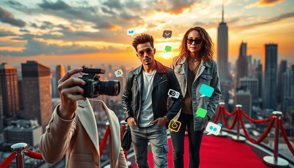 A vivid representation of "modern stardom pathways," featuring a split scene. In the foreground, a well-dressed reality TV star is engaging with a camera on a red carpet, showcasing glamorous confidence. The middle layer features a contrasting influencer, casually styled in fashionable streetwear, surrounded by social media icons and colorful digital graphics. The background highlights a bustling city skyline at sunset, with warm golden hues casting an inviting glow over the scene. The lighting is soft yet vibrant, creating an energetic atmosphere. Use a slightly low angle to capture both figures against the dramatic sky, emphasizing their prominence in today’s fame landscape, while ensuring all subjects are portrayed with professionalism and respect.