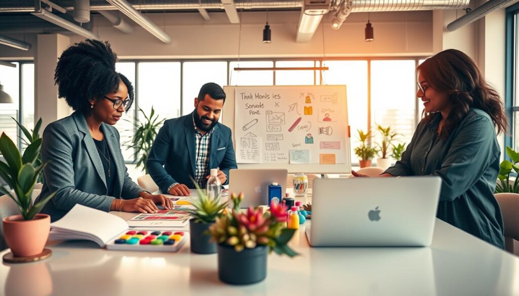 In a vibrant office setting, a diverse group of digital creators and social media influencers collaborates on brand ideas. The foreground features three professionals—one Black woman in a stylish blazer, a Hispanic man in smart casual attire, and a South Asian woman wearing a trendy shirt—gathered around a sleek table, examining colorful product samples and digital concepts on a laptop. In the middle, a large whiteboard displays sketches and ideas for brand collaborations, surrounded by plants and modern decor. The background showcases a bright, airy office with large windows allowing warm, natural light to create a lively atmosphere. The mood is creative and buzzing with energy, emphasizing teamwork and innovation in the world of brand partnerships. The composition is shot with a 50mm lens for a sharp focus on the subjects and a softly blurred background, enhancing the intimate feel of the collaboration.