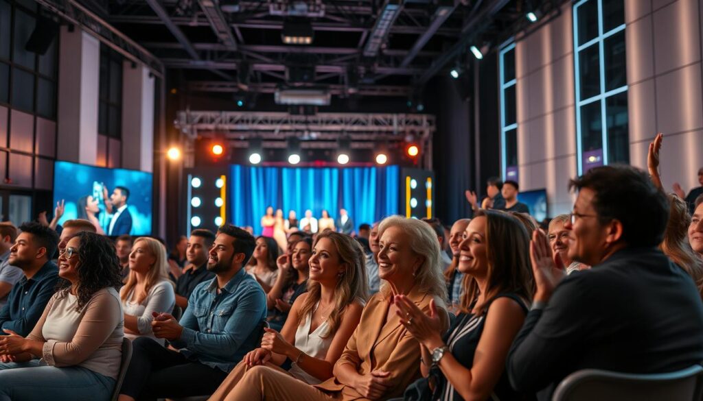A diverse group of audience members is engaged in a reality TV show taping, sitting in a modern studio setting. In the foreground, capture individuals of different ethnicities, genders, and ages, wearing smart casual clothing, attentively reacting to an on-screen performance. In the middle ground, include a vibrant stage with bright lights illuminating the scene, showcasing dynamic visuals that reflect themes of inclusion and representation. The background displays enthusiastic fans holding light signs and clapping, creating an atmosphere of excitement and unity. The lighting is warm and inviting, enhancing the joyful mood. A wide-angle lens captures the energetic interactions and diverse demographics, emphasizing the importance of audience involvement in shaping reality TV narratives. A diverse group of audience members is engaged in a reality TV show taping, sitting in a modern studio setting. In the foreground, capture individuals of different ethnicities, genders, and ages, wearing smart casual clothing, attentively reacting to an on-screen performance. In the middle ground, include a vibrant stage with bright lights illuminating the scene, showcasing dynamic visuals that reflect themes of inclusion and representation. The background displays enthusiastic fans holding light signs and clapping, creating an atmosphere of excitement and unity. The lighting is warm and inviting, enhancing the joyful mood. A wide-angle lens captures the energetic interactions and diverse demographics, emphasizing the importance of audience involvement in shaping reality TV narratives.