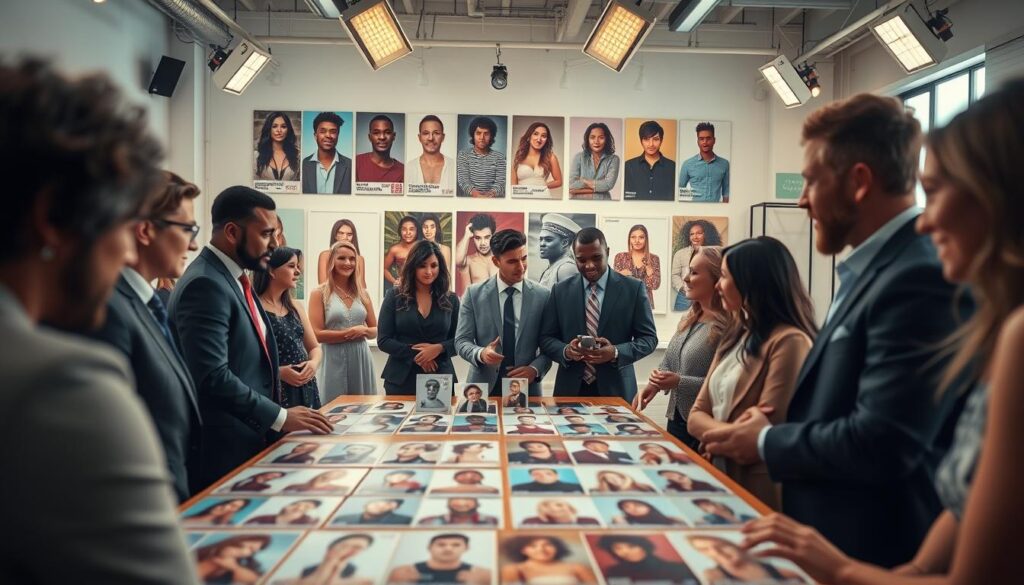 A dynamic behind-the-scenes scene of a reality TV cast selection process set in a bright, modern casting studio. In the foreground, a diverse group of casting directors, dressed in professional business attire, discusses profiles and headshots displayed on a large table, showcasing a variety of candidates. In the middle ground, a wall displays posters of past successful shows, emphasizing the importance of diversity. The background features a large window letting in natural light, contrasting with soft, warm overhead lights that create an inviting atmosphere. The camera angle is slightly tilted, capturing the energy and importance of the moment, with a focused depth of field that draws attention to the engaged faces of the casting directors, eager to choose the next stars of reality television. A dynamic behind-the-scenes scene of a reality TV cast selection process set in a bright, modern casting studio. In the foreground, a diverse group of casting directors, dressed in professional business attire, discusses profiles and headshots displayed on a large table, showcasing a variety of candidates. In the middle ground, a wall displays posters of past successful shows, emphasizing the importance of diversity. The background features a large window letting in natural light, contrasting with soft, warm overhead lights that create an inviting atmosphere. The camera angle is slightly tilted, capturing the energy and importance of the moment, with a focused depth of field that draws attention to the engaged faces of the casting directors, eager to choose the next stars of reality television.