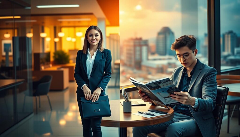 A dynamic scene depicting a split image of two paths taken by former reality TV stars. In the foreground, on one side, a confident young woman in professional business attire stands in a vibrant office, holding a briefcase, symbolizing her successful transition into a corporate career. Beside her, a young man in smart casual clothing sits at a cozy café, looking contemplative while reviewing a portfolio of art projects, representing his creative journey. In the middle, soft lighting highlights their contrasting environments, with warm tones in the office suggesting success and cooler tones in the café hinting at introspection. In the background, urban landscapes weave seamlessly into scenes of industry or art, encapsulating diverse outcomes of reality TV fame. The overall mood conveys a blend of ambition, hope, and caution, inviting viewers to reflect on the complexities of life after reality television. A dynamic scene depicting a split image of two paths taken by former reality TV stars. In the foreground, on one side, a confident young woman in professional business attire stands in a vibrant office, holding a briefcase, symbolizing her successful transition into a corporate career. Beside her, a young man in smart casual clothing sits at a cozy café, looking contemplative while reviewing a portfolio of art projects, representing his creative journey. In the middle, soft lighting highlights their contrasting environments, with warm tones in the office suggesting success and cooler tones in the café hinting at introspection. In the background, urban landscapes weave seamlessly into scenes of industry or art, encapsulating diverse outcomes of reality TV fame. The overall mood conveys a blend of ambition, hope, and caution, inviting viewers to reflect on the complexities of life after reality television.