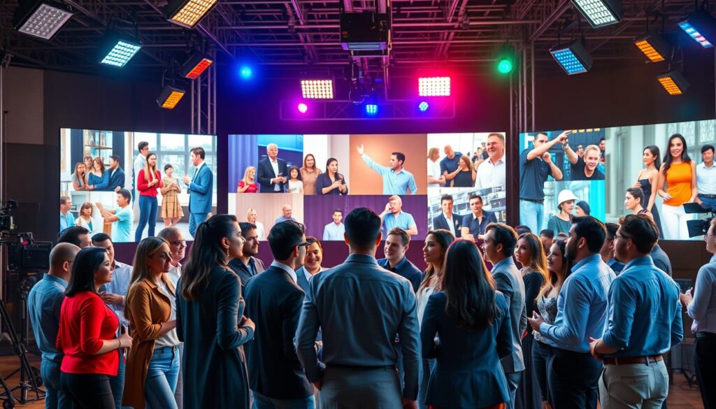 A vibrant and dynamic scene depicting the global phenomenon of reality TV successes and failures. In the foreground, a diverse group of international television producers and directors discuss ideas, each dressed in smart casual attire, showcasing their unique cultural backgrounds. In the middle ground, large screens display iconic moments from various reality TV shows from around the world, illustrating both triumphs and mishaps. The background features a creative studio environment with bright, colorful lights and film equipment. The atmosphere is electric, conveying excitement and innovation, with a warm lighting tone that enhances collaboration. Capture the scene from a slightly elevated angle to provide a comprehensive view of the interactions and displays, emphasizing the global context of reality TV trends.