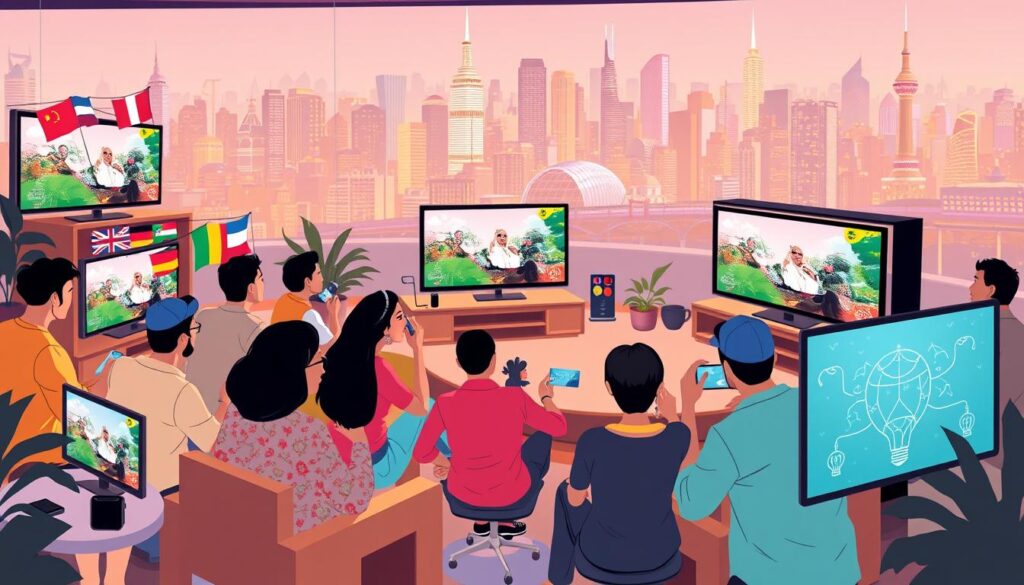 A vibrant, dynamic illustration showcasing trends in localization and cultural adaptation in reality TV. In the foreground, diverse groups of people from various cultures are engaged in lively discussions while watching reality TV on multiple screens, each displaying localized content suited to different regions. The middle ground features a stylish lounge area with modern furniture, decorated with flags and cultural artifacts representing different nations. The background captures a bustling cityscape, symbolizing global connectivity, with iconic landmarks subtly visible. Soft, warm lighting creates an inviting atmosphere, while a slightly elevated angle offers a comprehensive view of the scene. This image conveys a sense of unity and excitement in how reality TV evolves across cultures.