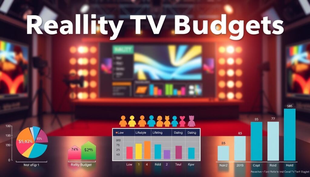 A visually engaging infographic depicting a comparison of reality TV show budgets across different scales. In the foreground, include several stylized pie charts and bar graphs showcasing numeric data on budgets for low, mid-range, and high-budget reality shows. The middle ground features a sleek table with colorful icons representing popular reality TV genres, such as competition, lifestyle, and dating. In the background, a blurred silhouette of a TV studio with bright lights and cameras, enhancing the scene's authenticity. Utilize balanced, vibrant colors to convey excitement and contrast, while ensuring clear, professional lighting highlights the data. The angle should be slightly top-down, fostering a dynamic and informative feel to emphasize the economics behind reality television productions. A visually engaging infographic depicting a comparison of reality TV show budgets across different scales. In the foreground, include several stylized pie charts and bar graphs showcasing numeric data on budgets for low, mid-range, and high-budget reality shows. The middle ground features a sleek table with colorful icons representing popular reality TV genres, such as competition, lifestyle, and dating. In the background, a blurred silhouette of a TV studio with bright lights and cameras, enhancing the scene's authenticity. Utilize balanced, vibrant colors to convey excitement and contrast, while ensuring clear, professional lighting highlights the data. The angle should be slightly top-down, fostering a dynamic and informative feel to emphasize the economics behind reality television productions.